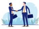 Two businessmen shaking hands on agreement and business deal. Corporate handshake and recruitment concept