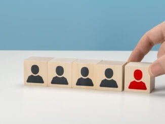 HR, Human resources and team completing. Human resources and CEO concept. recruiter complete team by one person. Employees are represented by wooden cubes with icons.