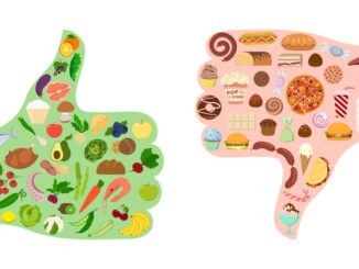 Good and bad food. Thumbs silhouette with healthy and junk food.