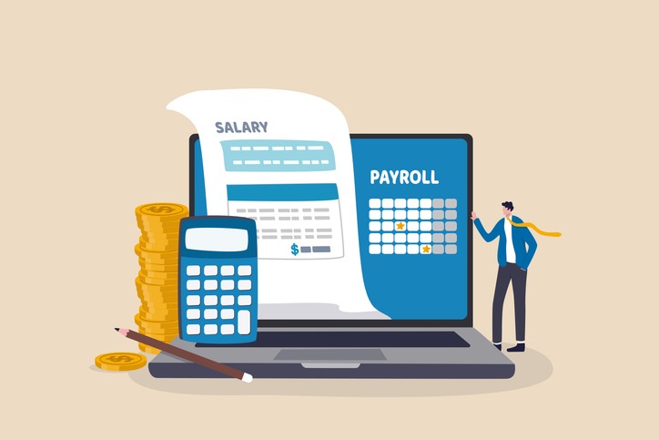 Salary payroll system, online income calculate and automatic payment, office accounting administrative or calendar pay date, employee wages