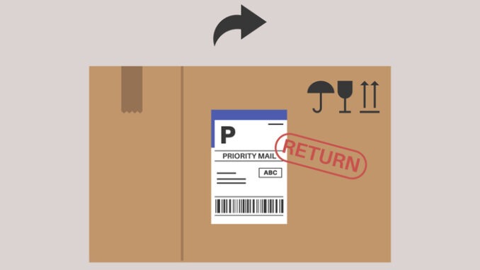 A parcel return and exchange procedure, a cardboard box with stamps and stickers, a courier service