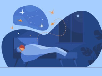 Cartoon person sleeping in her bedroom at night.