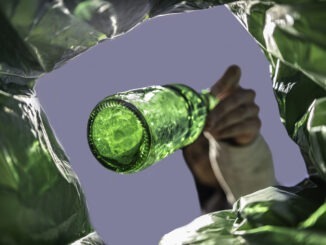 Unrecognisable woman recycles a green beer bottle