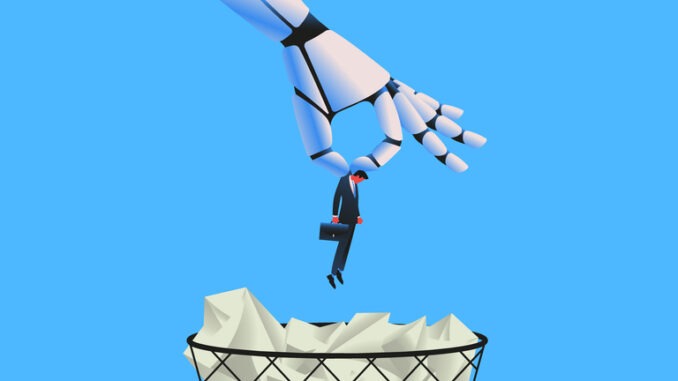 Giant robot throwing man in a trash can. Artifical intelligence replacing jobs