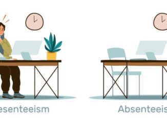 Absenteeism and presenteeism in workplace. Sick and tired man with low productivity and efficiency at work.