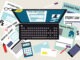 Laptop with a tax return form on a screen surrounded by documents supporting various tax deductions, EPS 8 vector illustration