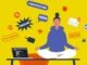 Meditation at the office. Harmony and relaxation. Calm female character sitting in a lotus pose on a desk surrounded by the cloud of pop up notifications.