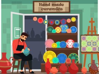 Artist in handmade ceramics shop. Small business vector illustration. Owner of ceramics store sitting and painting