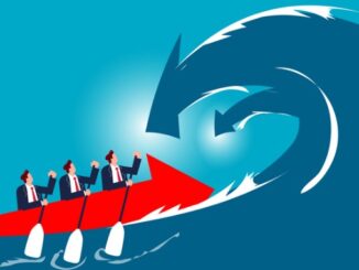 Challenging risks and crises, fearlessness, determination and courage to overcome difficulties or defeat setbacks, the business team paddles through the waves of the descent