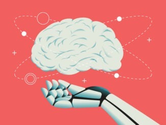 Robot hand holding human brain illustration