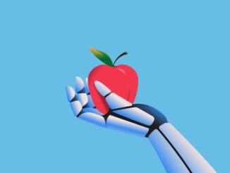 Robot hand holding an apple illustration