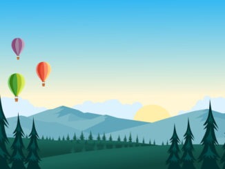 Colorful hot air balloons flying over mountain landscape