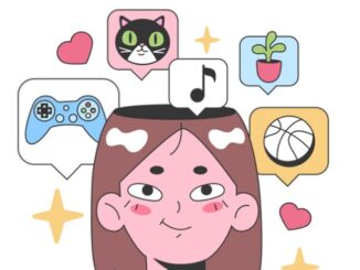 Psychographics insights concept. A cheerful girl surrounded by icons representing her interests: music, gaming, pets, plants, and sports.