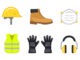 Construction industry. Protective helmet, mask, shoe, vest, gloves, headphones.