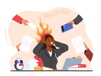 Overloaded Business Woman Holding Burning Head with Hands Sitting at Workplace with Messy Documents Heap in Office