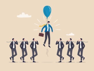 Differentiate from competitors, stand out or much better from others, difference, unique or outstanding concept, initiative businessman flying with balloon stand out from other same competitors.