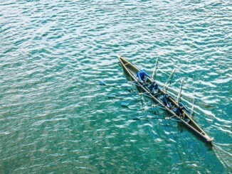 High Angle View Of People Rowing Boat On Sea