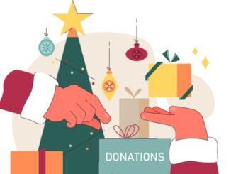 Christmas charity. Volunteers gathering holiday donations to help needy people