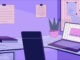 Laptop home office desk 2D cartoon background.