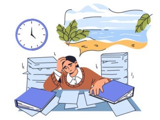 Woman dreams of vacation. Young girl in office with books and documents. Thoughts about tropical and exotic island. Tired and overworked person.