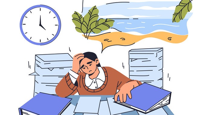 Woman dreams of vacation. Young girl in office with books and documents. Thoughts about tropical and exotic island. Tired and overworked person.