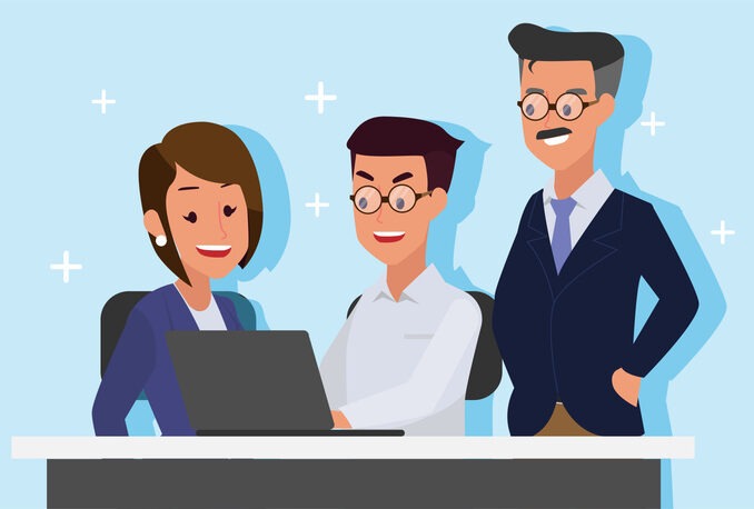 Business men teach women to business women with laptop
