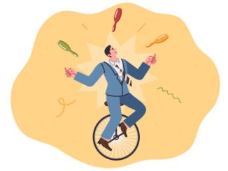 Business man with multitasking skills rides unicycle and juggles pins