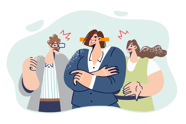 Business woman ignores critics because of self-confidence, stands with earplugs