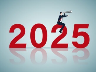 Year 2025 outlook, economic forecast or future vision, business opportunity or challenge ahead, year review or analysis concept, confidence businessman with telescope ride on year 2025.