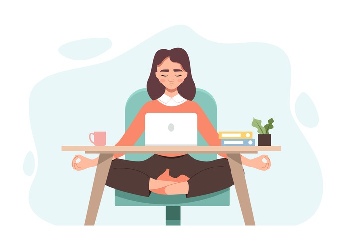 Business Woman Meditating. Employee Meditating and Relaxing in Office in Yoga Pose