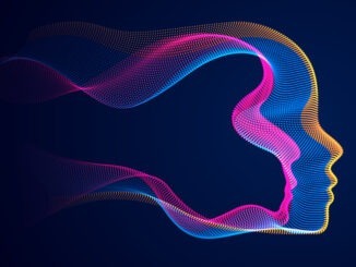 Artificial Intelligence, abstract artistic human head portrait made of dotted particles array,