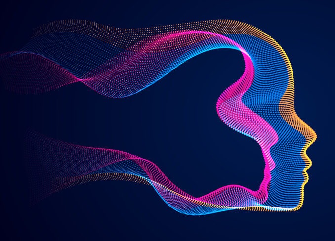 Artificial Intelligence, abstract artistic human head portrait made of dotted particles array,