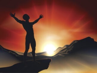 Illustration of a man on a mountain or cliff top with arms out at sunrise