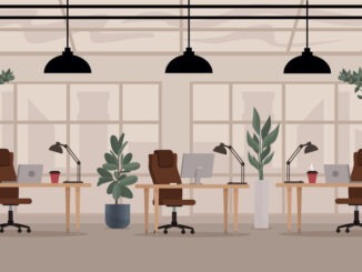 Loft modern open space office with big windows.