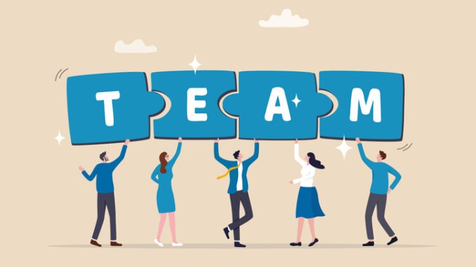 Team puzzle jigsaw connect, teamwork solving problem or cooperation for team success,