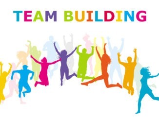 Team Building colorful concept with happy teamwork jumping