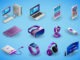 Realistic electronic devices and gadgets in isometry. Vector isometric illustration of electronic devices isolated on blue background. Desktop PC, laptop, smartphone, digital tablet, graphics tablet, virtual reality glasses