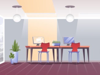 Office work interior with desks, chairs, plants background. Modern open space with wide floor-to-ceiling windows with city view. Coworking workplace. Cartoon vector illustration