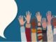 Group hand-up of multicultural and multiethnic men and women.