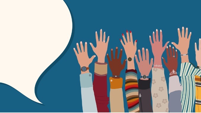 Group hand-up of multicultural and multiethnic men and women.
