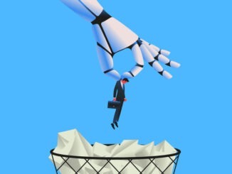 Giant robot throwing man in a trash can