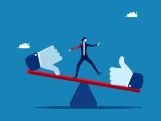 Valuation, pros and cons. Businessman balancing on seesaw with thumb up and thumb down