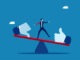 Valuation, pros and cons. Businessman balancing on seesaw with thumb up and thumb down