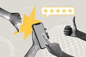Modern halftone collage. Quality concept, reviews, rating, discussion. Phone with five star rating. Hands with thumbs up and thumbs down gestures.Modern business collage for design.