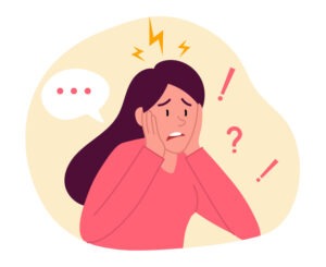 Frustrated woman talks about problem. Female character can not find solution and asks for help. Stress due to burning deadlines. Cartoon modern flat vector illustration isolated on white background