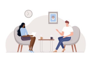 Illustration of a therapy or counseling session with a male client and a female therapist seated in a cozy, private room. The scene captures open communication, emotional support, and mental health awareness. Ideal for topics related to psychology, coaching, wellness, and personal development.