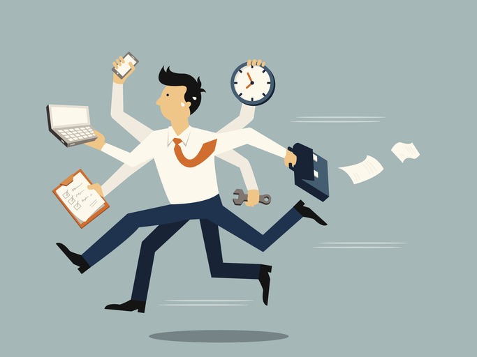 Businessman running in a hurry with many hands holding time, smart phone, laptop, wrench, papernote and briefcase, business concept in very busy or a lot of work to do.