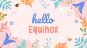 Hello spring equinox. Hand-drawn vector background with spring elements and text.
