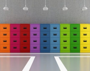 Modern archive modern with colorful filing cabinets - rendering
